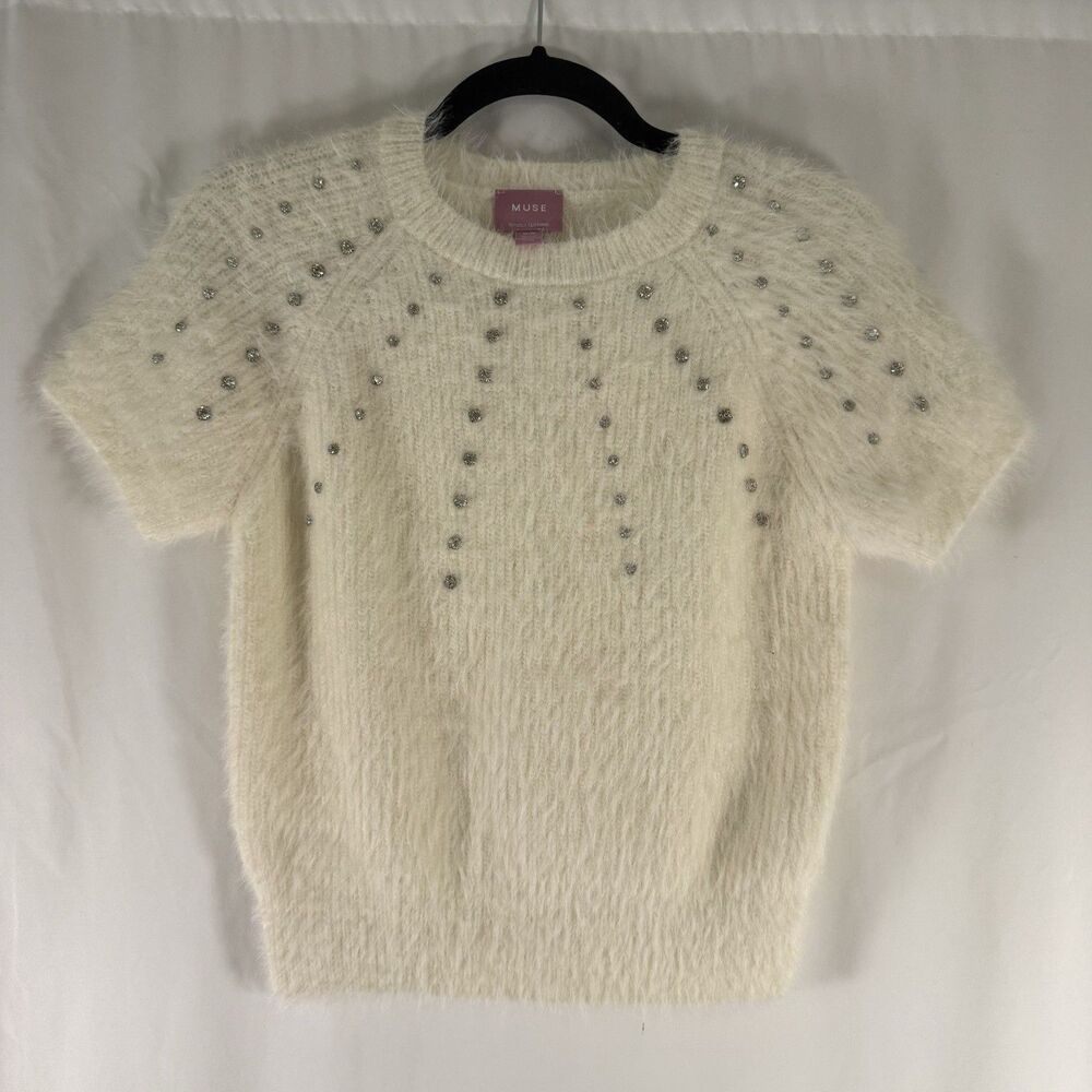 New Muse Republic Clothing Sweater Women's Medium White Fuzzy Knit Stretch
